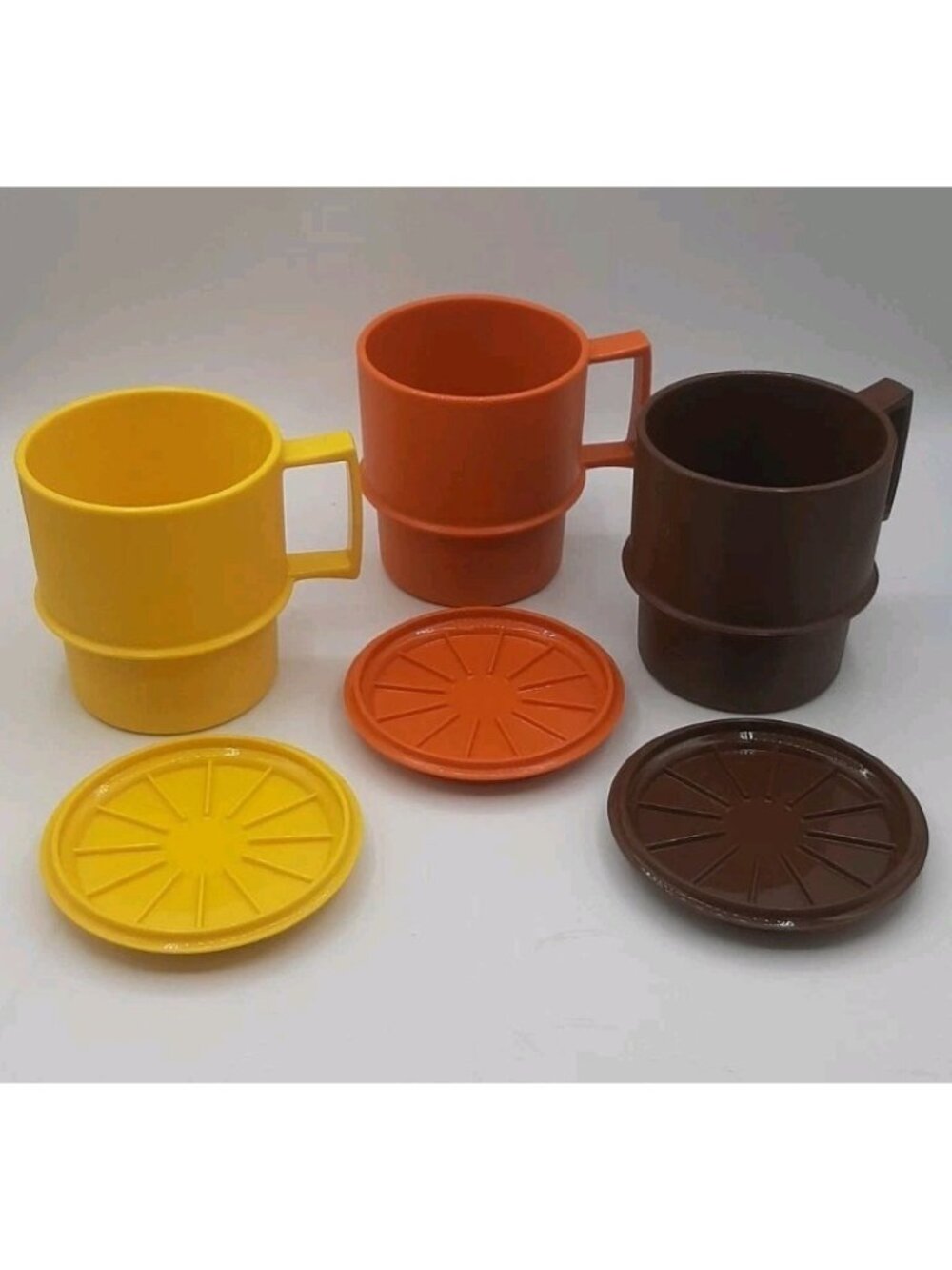 Vintage 1970s Tupperware Mugs Orange Yellow Brown Stackable Coffee Cups & Lids